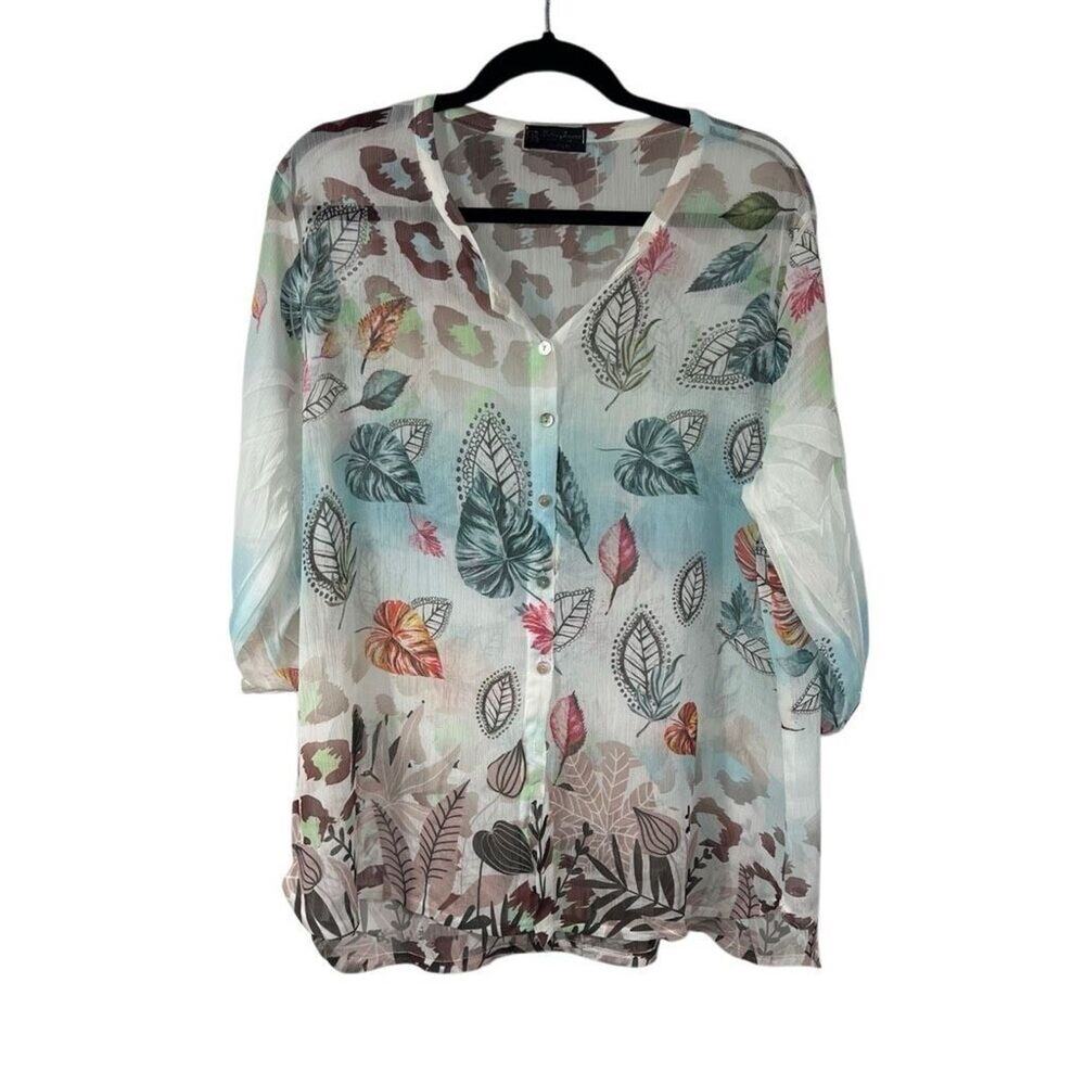 Bella Amore Sheer Leaf Print Viscose‎ Blend Button Front Blouse
